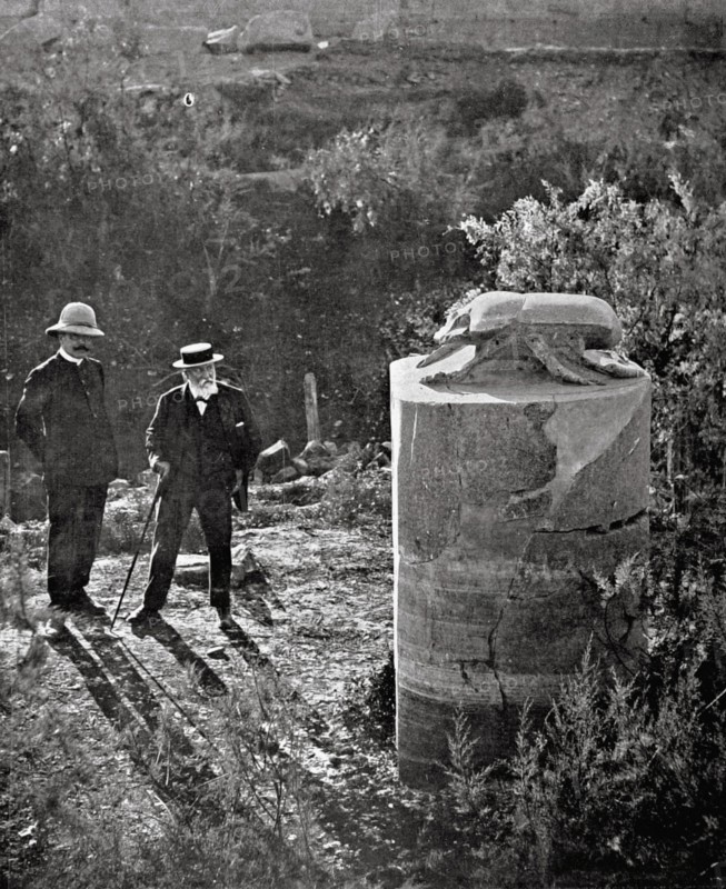 Mr. Camille Saint-Saëns and Mr. Georges Legrain standing before the giant granite scarab at Karnak temple (1912)