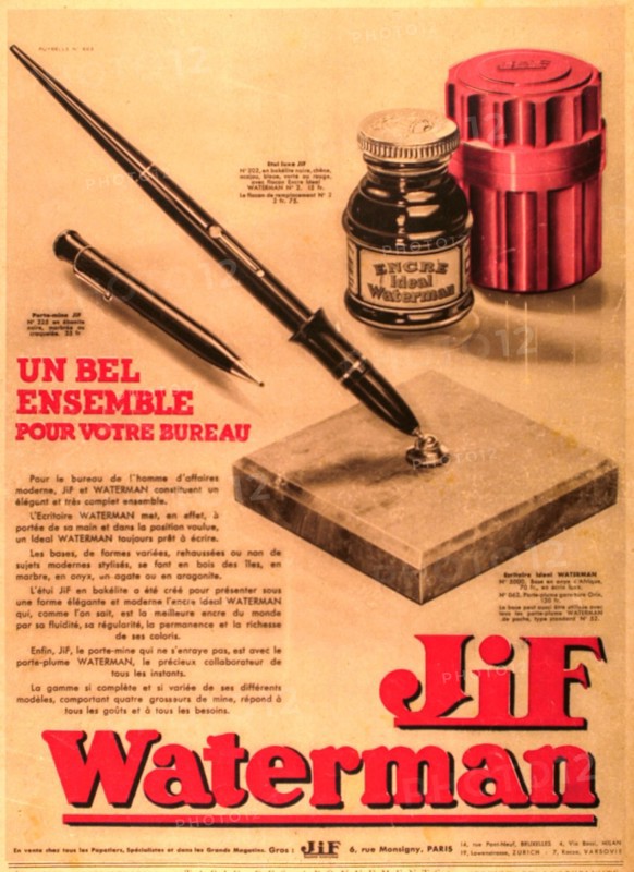 Publicité pour un nécessaire de bureau Jif et Waterman, en 1932.