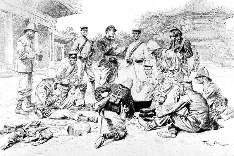 Révolte des Boxers.
L'occupation de Pékin par les troupes françaises, allemandes et japonaises, en 1900.