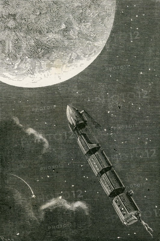 Jules Verne, 'From the Earth to the Moon':
Rocket trains heading towards the Moon