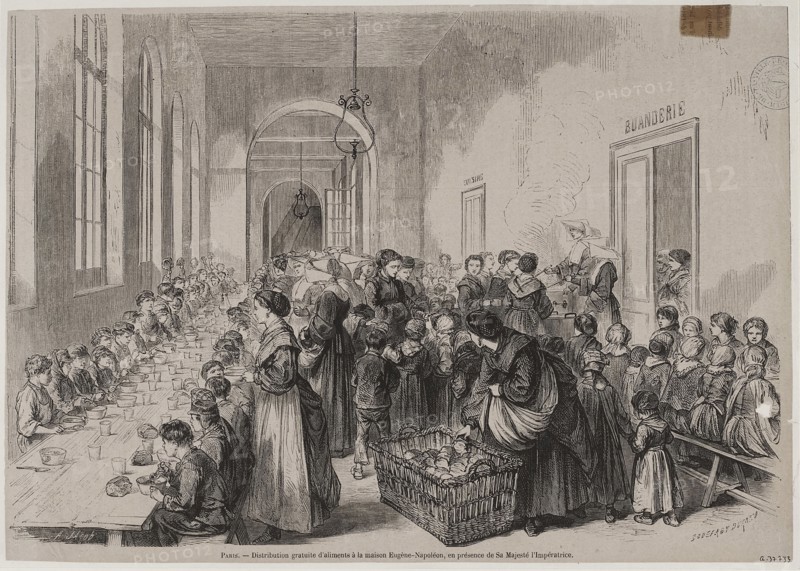 Free distribution of food at the Maison Eugène-Napoléon, in the presence of Her Majesty the Empress