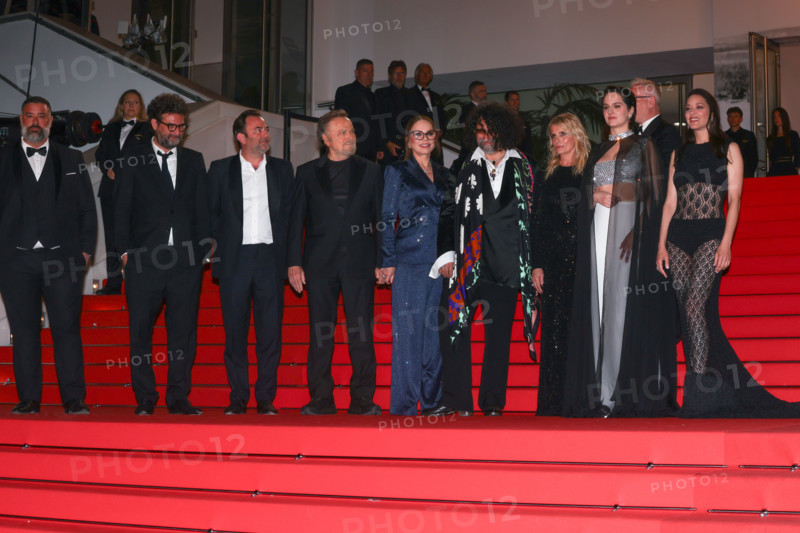 Mathieu Verhaeghe, Thomas Verhaeghe, Franco Nero, Ornella Muti (in Solangel), Bertrand Mandico, Noémie Merlant (in custom Louis Vuitton), Isabella Ferrari (in custom Saint Laurent) and Marion Cotillard (in custom Chanel) attend the "Roma Elastica" screening during the 79th annual Cannes Film Festival at Palais des Festivals on May 20, 2026 in Cannes, France