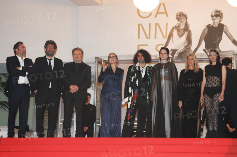Mathieu Verhaeghe, Thomas Verhaeghe, Franco Nero, Ornella Muti (in Solangel), Bertrand Mandico, Noémie Merlant (in custom Louis Vuitton), Isabella Ferrari (in custom Saint Laurent) and Marion Cotillard (in custom Chanel) attend the "Roma Elastica" screening during the 79th annual Cannes Film Festival at Palais des Festivals on May 20, 2026 in Cannes, France