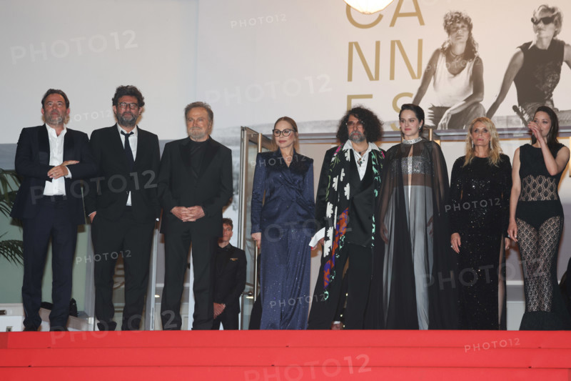 Mathieu Verhaeghe, Thomas Verhaeghe, Franco Nero, Ornella Muti (in Solangel), Bertrand Mandico, Noémie Merlant (in custom Louis Vuitton), Isabella Ferrari (in custom Saint Laurent) and Marion Cotillard (in custom Chanel) attend the "Roma Elastica" screening during the 79th annual Cannes Film Festival at Palais des Festivals on May 20, 2026 in Cannes, France