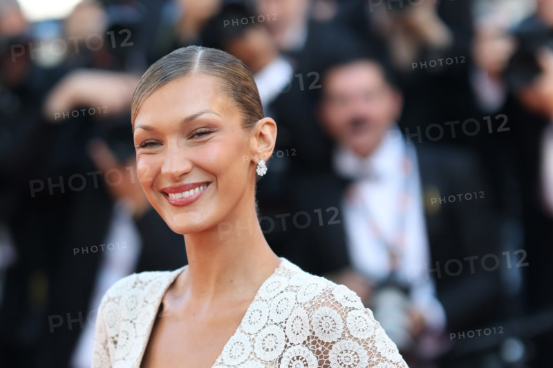 Bella Hadid (Schiaparelli dress by Daniel Roseberry) attends the "La Bataille De Gaulle: L'Âge De Fer" (De Gaulle: Tilting Iron) screening during the 79th annual Cannes Film Festival at Palais des Festivals on May 20, 2026 in Cannes, France