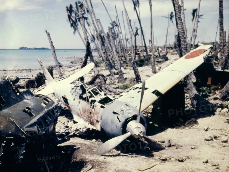 Destroyed Japanese fighter plane on a Pacific island, World War II