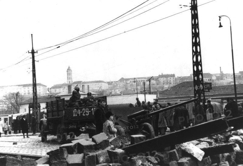Budapest, Russian truck transporting armed soldiers and a gun