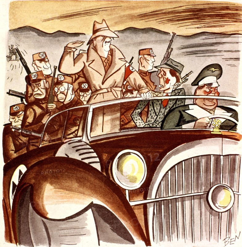 Satirical cartoon by Ben in "Le Rire". Hitler entering Austria (Anchsluss)