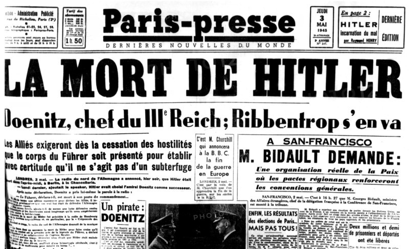 Une du journal "Paris-Presse" annonçant la mort de Hitler