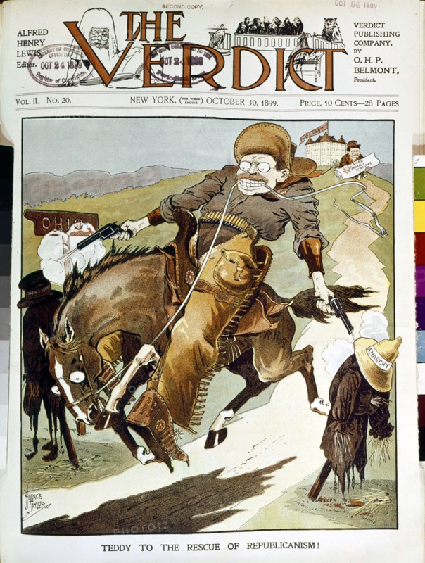 Satirical cartoon in 'The Verdict': Theodore Roosevelt, the cursed cow-boy (1899)