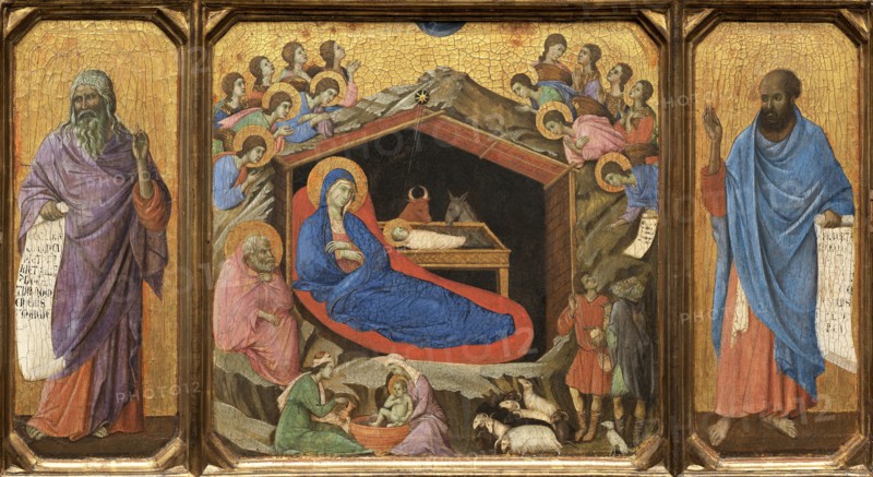 Duccio, Nativité entourée des prophètes Isaïe et Ezéchiel