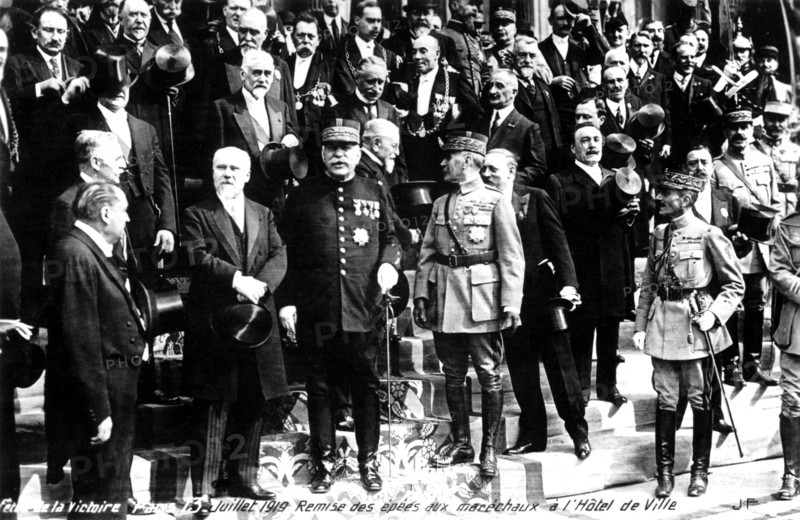 Celebration of the victory in Paris: Marshals are given swords in front of the Hotel de Ville