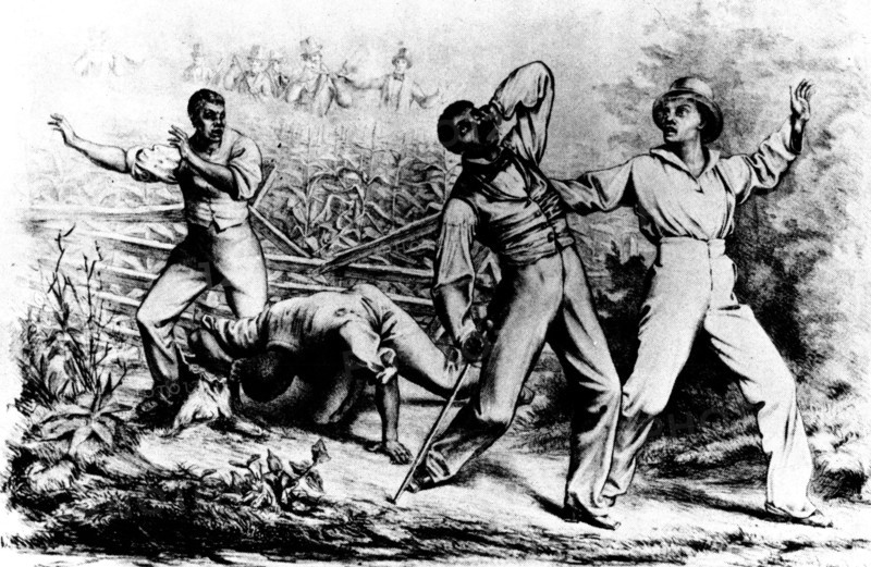 Poster showing a fugitive black man followed by white armed "slave chasers"