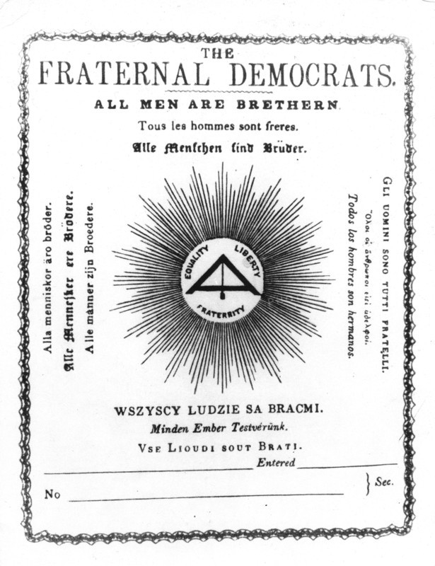 Bulletin d'adhésion à l'association "The fraternal democrats" fondée sous l'influence de Marx et Engels