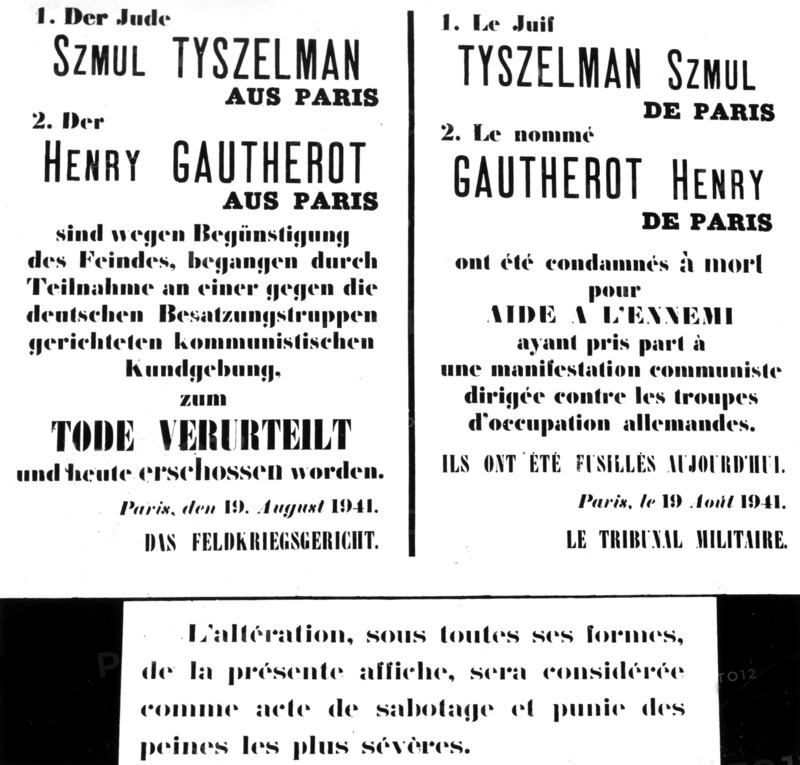 Affiche de répression. Noms des otages fusillés