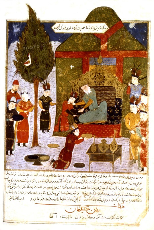 Manuscrit persan orné de 106 peintures : "Jami'al Tawarikh" de Rachid ad-Dîn (Histoire des Mongols). Genghis-Khân, sur le trône, entouré de Mongols