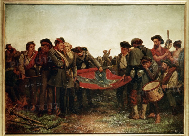 Soldats confédérés roulant leur drapeau après la capitulation du général Lee à Appomatox en 1865