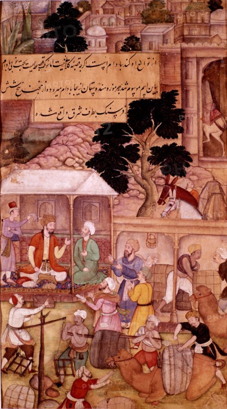 Persian miniature. Babur meeting Bedi