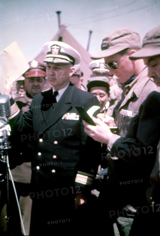Admiral John C. Daniel, U.N. delegate, delivering a speech to the press during the Panmunjon conference