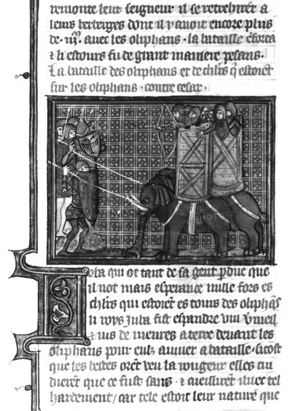 Miniature, "Ancient Roman Stories" or "Book of Caesar": Caesar's army confronting the elephants