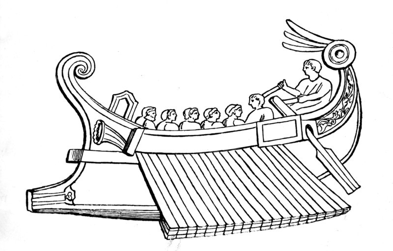 Navire romain à trois rangs. in "Dictionnaire des antiquités grecques et romaines" par Daenberg et Saglio.