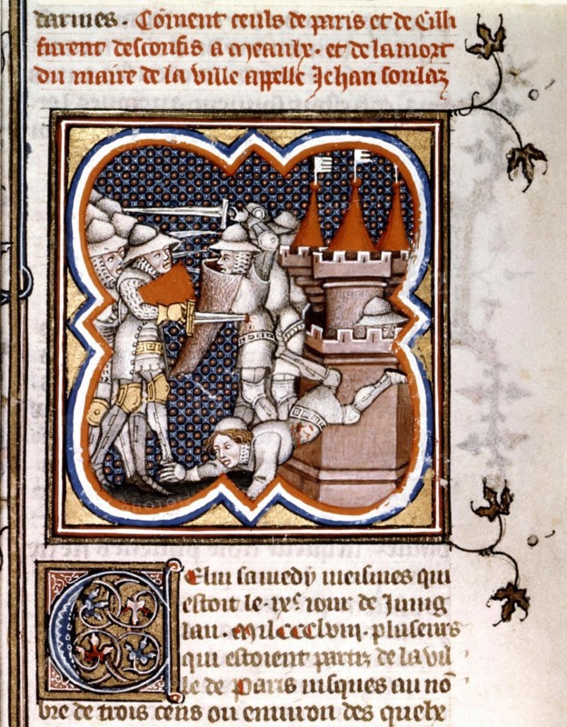 Grandes chroniques de France. Attaque du marché de Meaux et mort du maire Jean Soulag (1358) pendant la Jacquerie