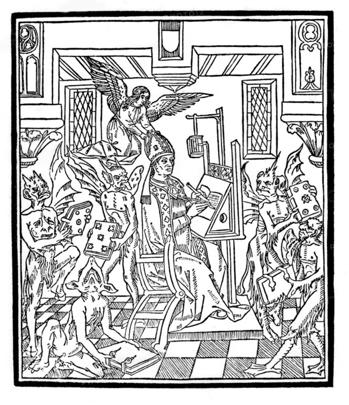 Gravure représentant Saint Augustin, entouré de diables, écrivant "La Cité de Dieu"