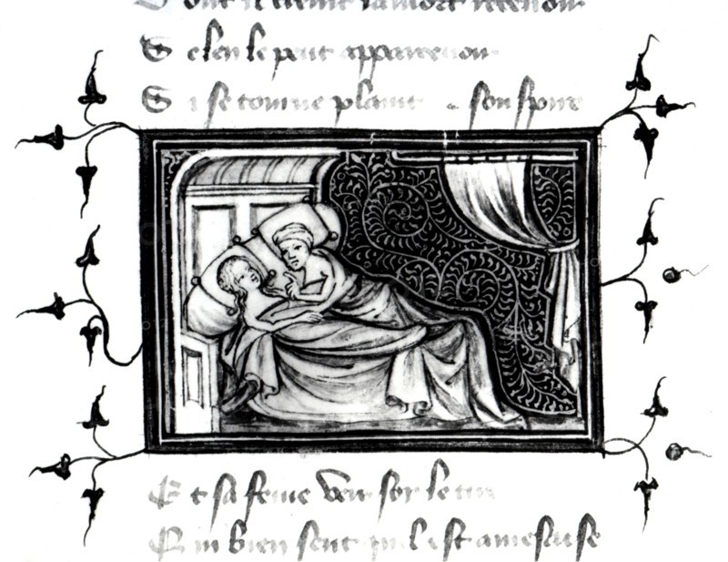 Miniature in "Roman de la Rose", couple dans un lit