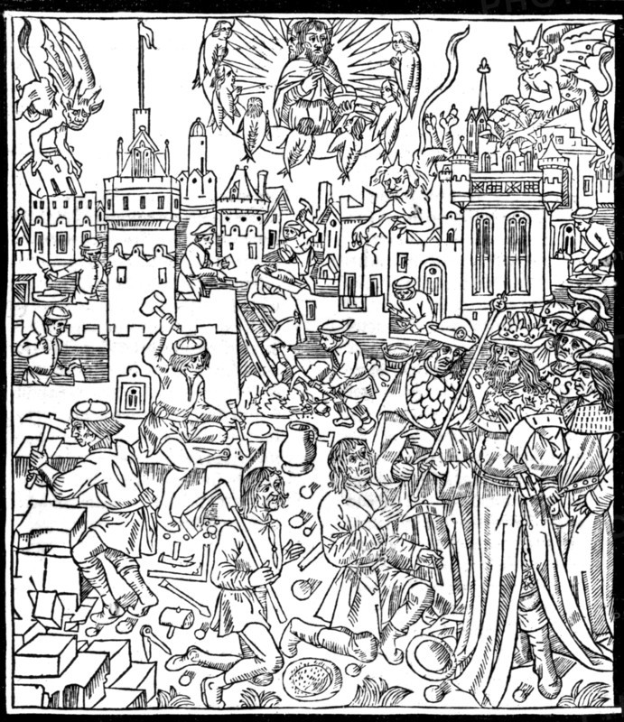 Engraving in the manuscript of Saint Augustine "The City of God": Construction of the City