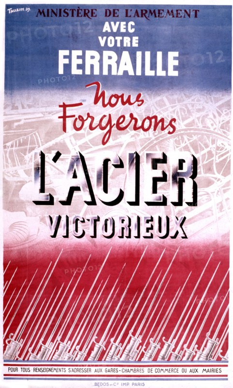 Poster by Tanzin. Ministry for armament: "With your old iron, we will forge victorious steel"