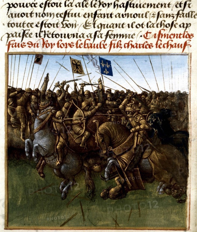 Miniature by Jean Fouquet. Chronicles of Saint-Denis. Louis III and Carloman, son of Louis the Stutterer, fighting the Normans at Saucourt-en-Vimell (877-879)