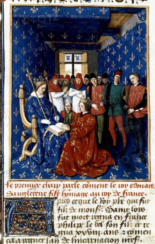 Miniature de Jean Fouquet. Chroniques de Saint-Denis. Edouard II, fils d'Edouard 1er d'Angleterre, rend hommage à Philippe le Bel
