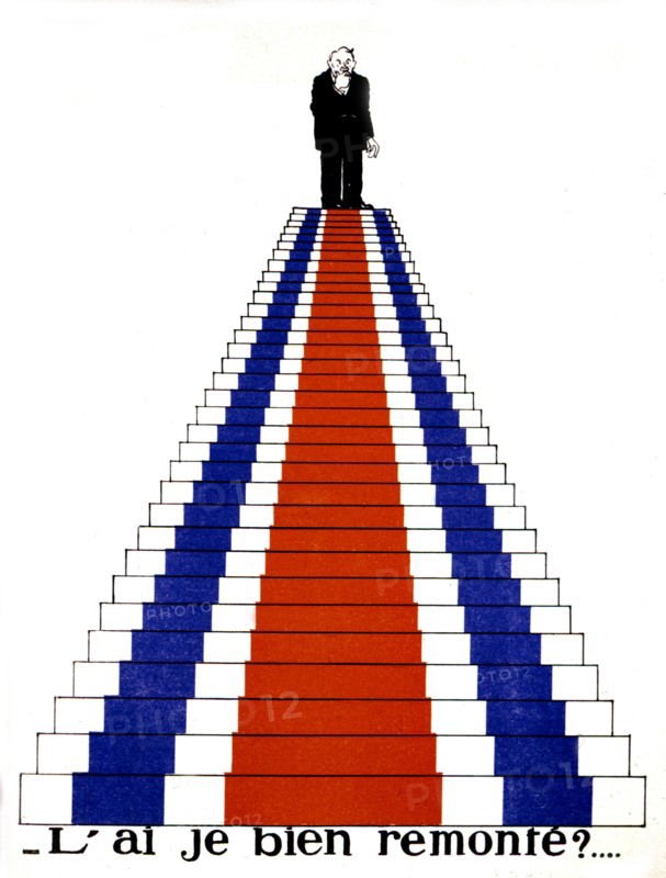 Dessin de Paul Iribe. Un député en haut d'un escalier tricolore.