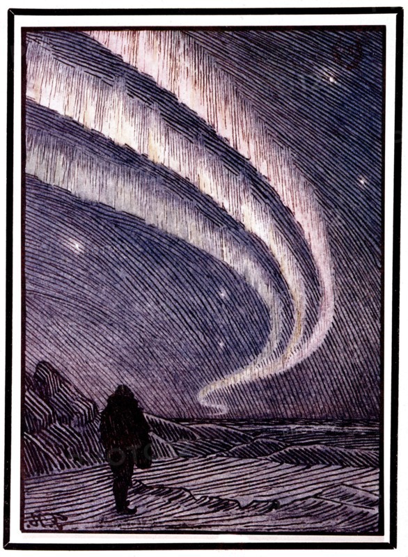 Dessin de Nansen au cours de son expédition au Groenland : une aurore boréale (1888)