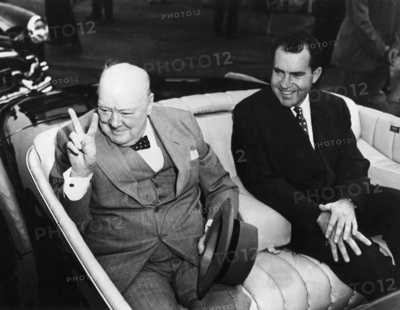 After his arrival at Washington, Winston Churchill leaving the airport with Richard Nixon (c.1960)