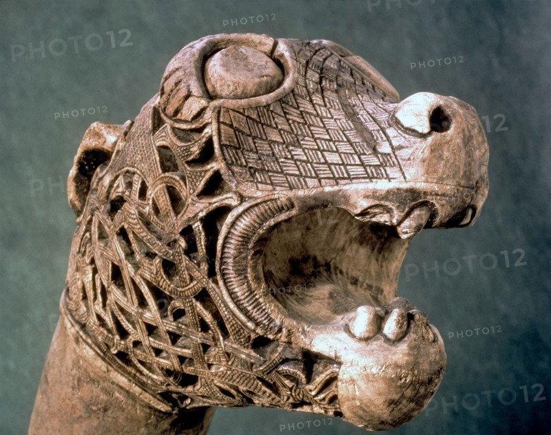 Pole with carved animal head found in the funerary treasure of Oseberg