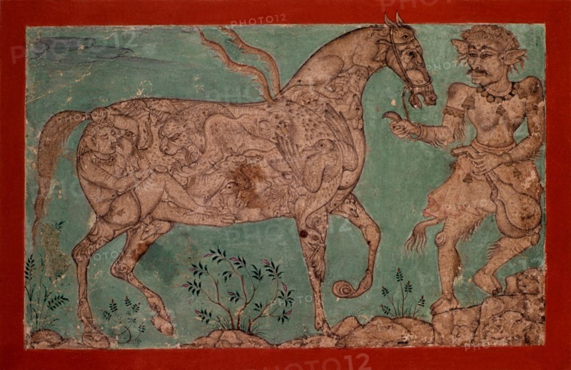 Miniature indienne. Ecole moghole. Cheval composé d'êtres humains