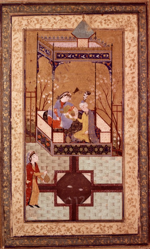 Persian miniature. Boukhara school. Conversation in a garden