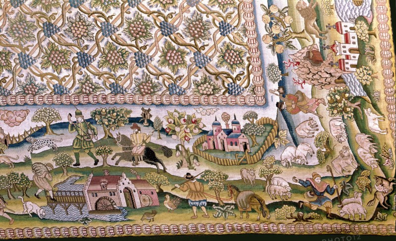 Tapisserie brodée représentant des scènes de la vie anglaise