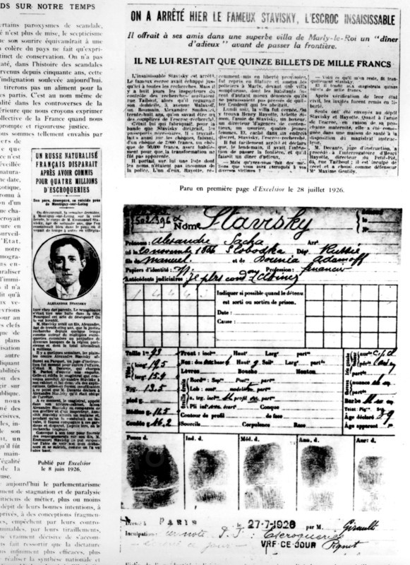 Judiciary identity of Stavisky showing his fingerprints