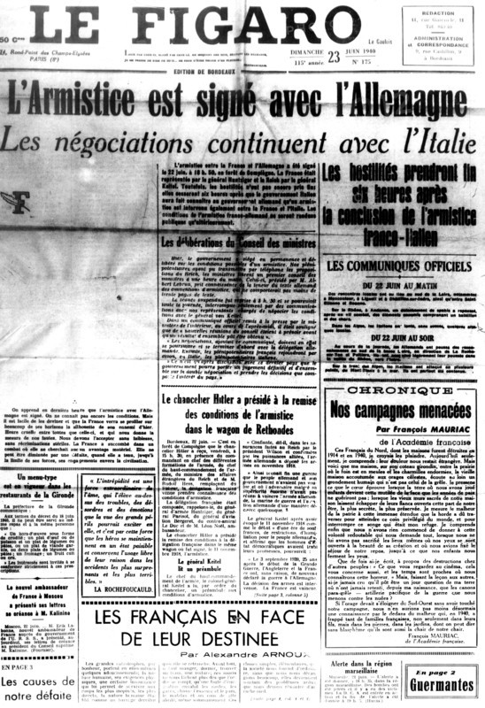 Ière page du journal "Le Figaro" annonçant l'armistice