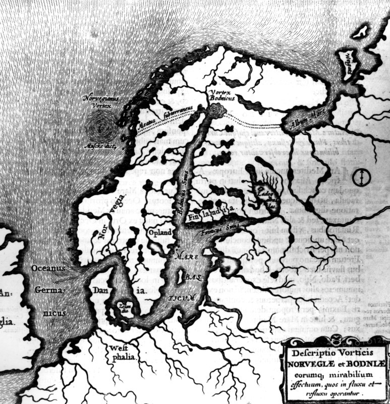 A. Kircher. "Mundus suntarreaneus". Description of Norway and the miraculous ebb and flow of the tides