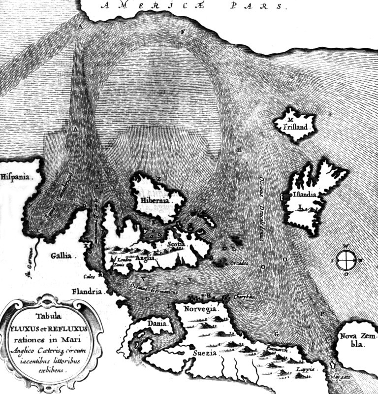 A. Kircher. "Mundus suntarreaneus". Flux et reflux de l'océan entre l'Amérique et l'Espagne