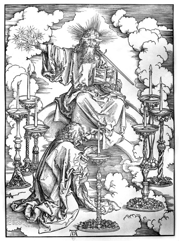 The Apocalypse. John sees the Lord in the circle of "seven lamps of fire"