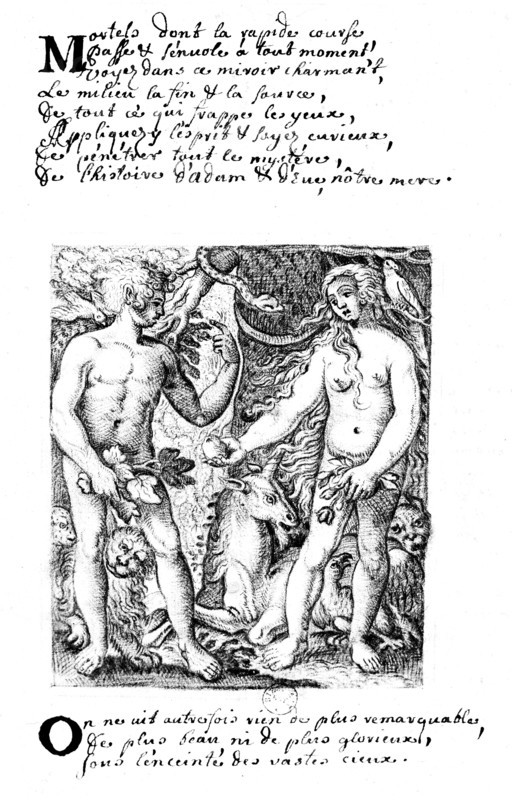Le paradis terrestre avec Adam et Eve et licorne