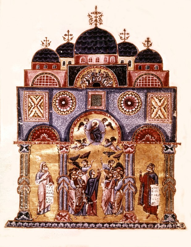 Miniature. Homélie du maître Jacques. L'ascension. L'église et les apôtres