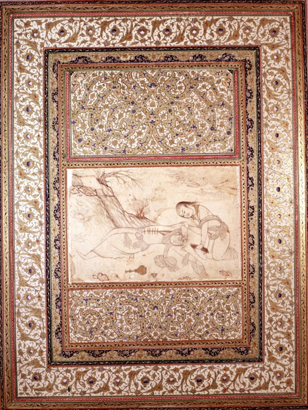Persian miniature. Rizza Abassi school. Scene of galantry in a pastoral setting