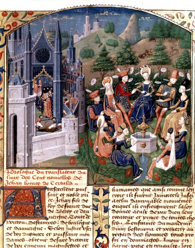 Boccace. "Le Décameron". Réunion de dames et de seigneurs dans un jardin de Florence