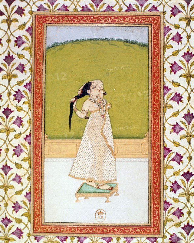 Indian miniature, Woman combing her hair