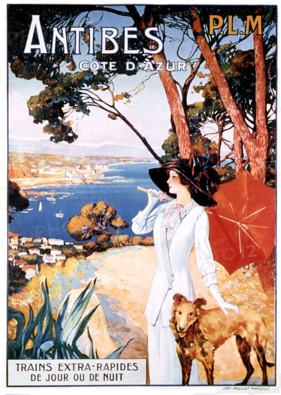 Affiche publicitaire pour le P. L. M. Antibes, Côte d'Azur.